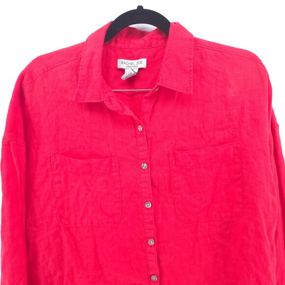 Rachel Zoe Women Red 100% Linen Relaxed Fit Long Sleeve Shell Button Down M - Picture 2 of 12